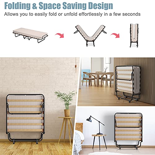 Giantex Folding Bed With 3" Mattress For Adults, Made In Italy, Rolling Foldaway Guest Bed, Memory Foam Mattress, Sturdy Metal Frame, Cot Size Portable Foldable Hideaway Bed, Easy To Store (Beige) #TOP5