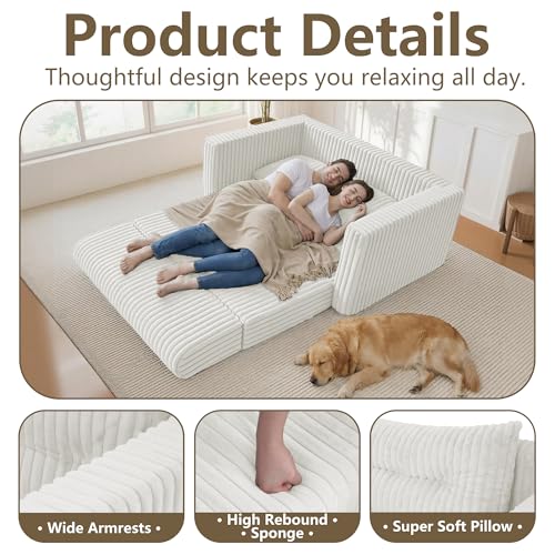 Image of HABUTWAY 41.3 inch Loveseat Boneless Couch, 4-in-1 Convertible Sofa Bed, Plush Fur Folding Futon Sofa Bed Couches with a Pillow for Living Room, High-Density Foam Support, No Assembly Required, Beige