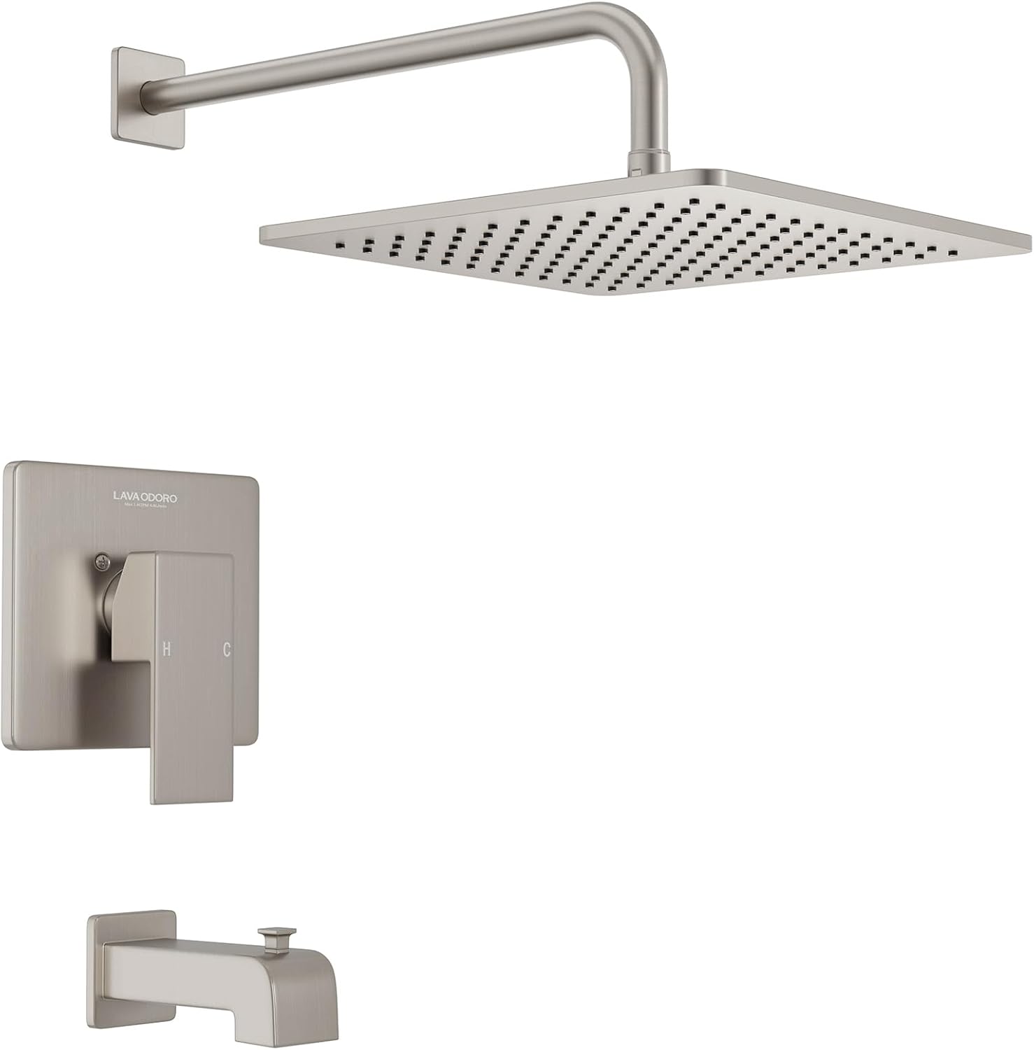 Lava Odoro 12-inch Square Bathtub and Shower Faucet Set Brushed Nickel, Shower Trim Kit with Rough-in Valve High Pressure Gold Rainfall Shower Head and Handle Set, (Valve Included), SF106-BN-T