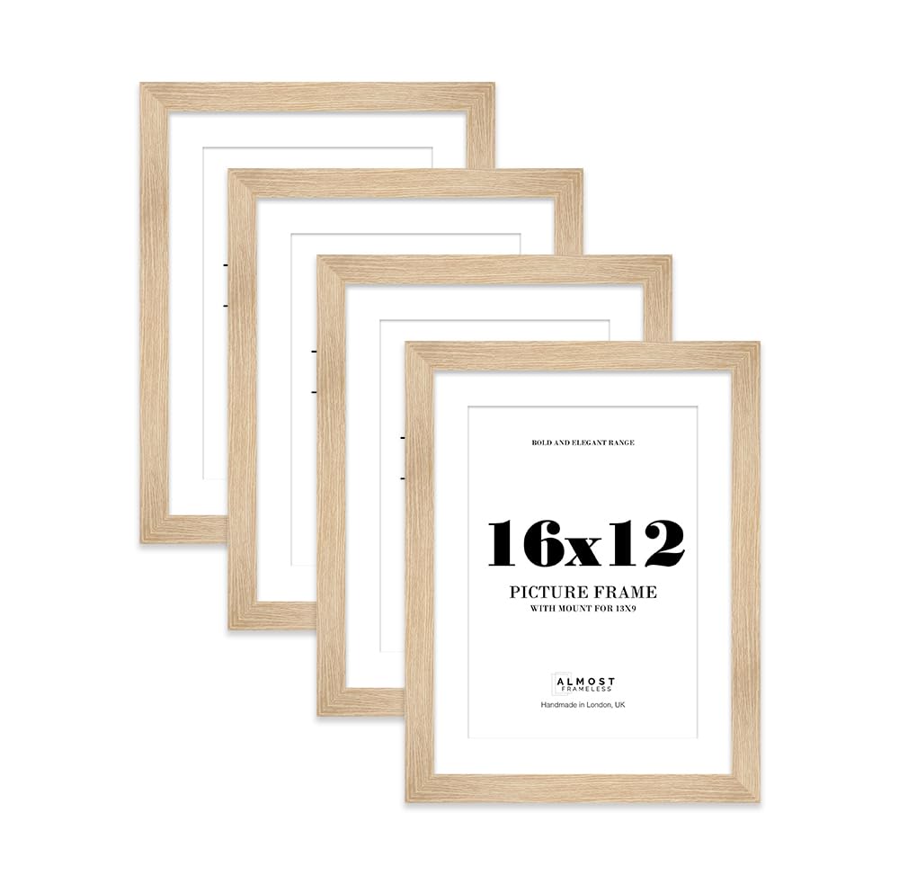 16x12 Oak Frame With Mount for 13x9 Pictures 28mm Edge Portrait and Landscape Display with Wall Hooks, 4 Pack