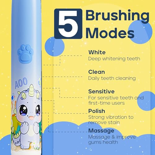 Image of Obvie Sonic Electric Kids Toothbrush with 5 Brushing Modes, IPX7 Waterproof, Soft Nylon Bristles, Rechargeable Battery last up to 30 Days, Type-C Electric Power Tooth Brush, 3 Heads (Blue)