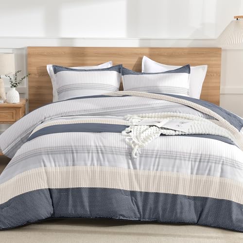 Litanika Comforter Set California King Size Blue Yellow - 3 Pieces Lightweight Blue Yellow White Colorblock Stripe Fluffy Bedding Comforter Sets, All Season Bed Set