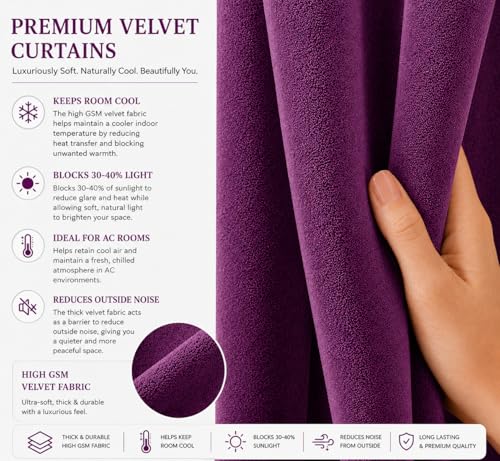 Image of Velvet Curtains | Heavy Soft Premium Velvet Drapes for Bedroom and Living Room | Semi Light Blocking, Thermal Insulated and Noise Reducing Long Door Panels | 8 Feet, Set of 2 (Purple)
