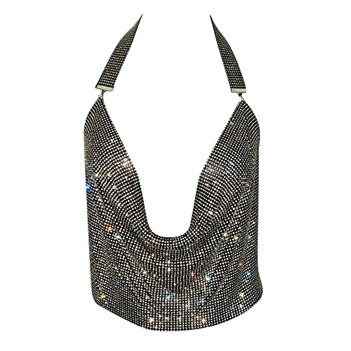 Women Sexy Shiny Rhinestone Tank Top Deep V Neck Halter