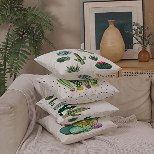 Summer Tropical Cactus Floral Decorative Throw Pillow Covers 18 X 18 Inch Set Of 4 Green Plants Flower Cotton Linen Burlap Square Outdoor Cushion Cover Pillow Case For Couch Car Sofa Bed Decor #TOP3