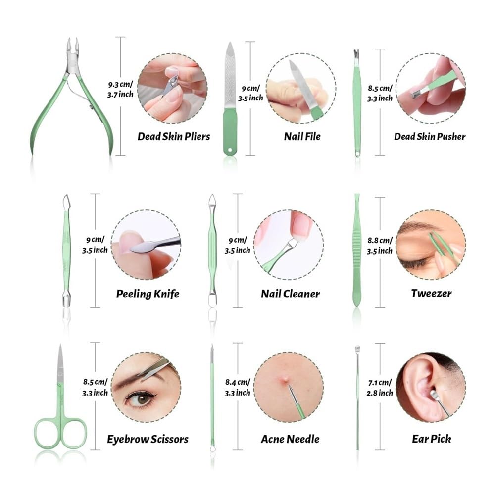 Kit Manicure per Donna, Set for Manicure e Pedicure da 12 Pezzi for Donne e Uomini, Kit for la Cura delle Unghie in Pelle con Strumenti Professionali(Green)