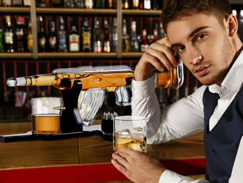 Whiskey Gun Decanter Set + 4 Whisky Bullet Glasses On Gun Shaped Rich Wood Classic Mahogany Base Tray With Bullet Chilling Stones Gift Packaging - For Liquor Scotch Bourbon - Christmas Holiday Gift #TOP7