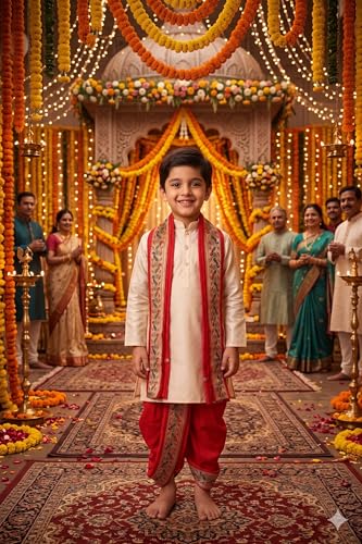 Image of Boys Dhoti Kurta Set Sherwani Style for Kids | Ethnic Traditional Kids Wear with Patiala Dhoti & Dupatta | Wedding Dress for Boys | Indian Cultural Outfit for Puja Festival Party