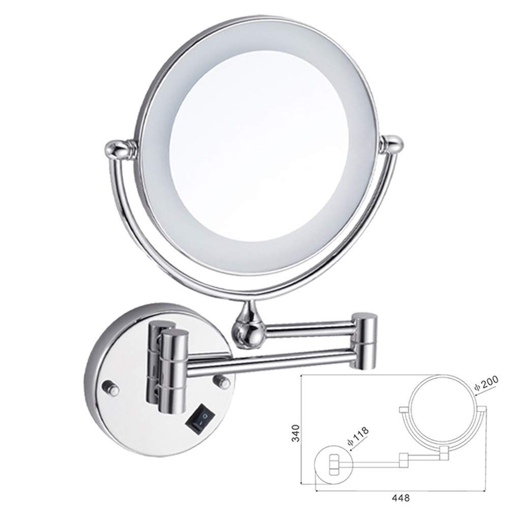 Espejo de maquillaje Montaje en pared, giratorio 360° Doble Cara Normal + Aumento de 10X Espejo de baño Espejo de belleza plegable de Forma Redonda extensible con Luz LED,Silver White_8inch