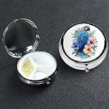 Pilulier en métal à 3 compartiments en forme de perroquet bleu dans des fleurs pour sac à main ou poche, mini pilules de voyage portable pour contenir des suppléments, des vitamines, de l'huile de