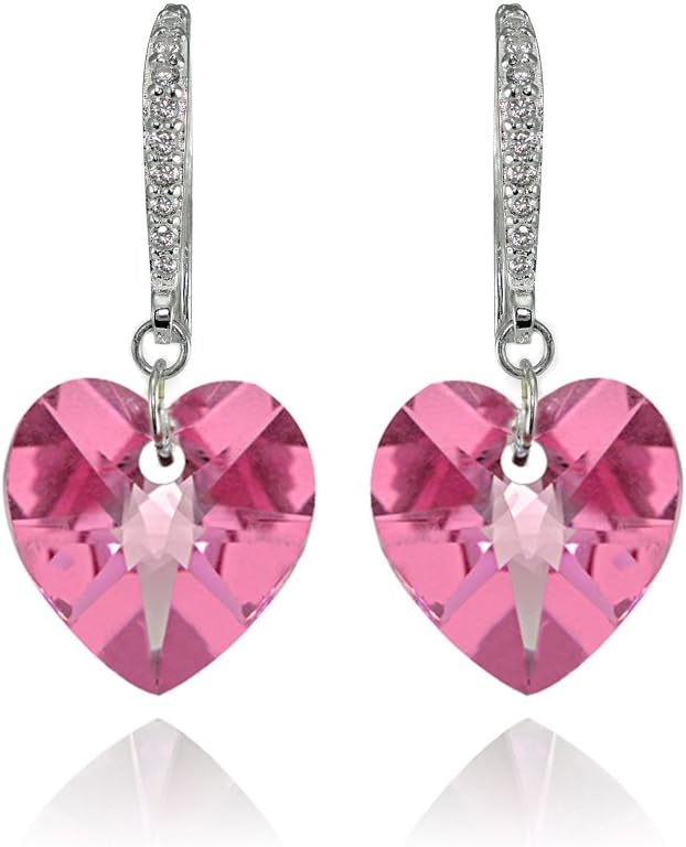 Sterling Silver Colored European Crystals Heart Dangle Earrings for Women Valentines Bridesmaids