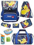Familando - Schulranzen Set 9-teilig mit Lunch-Set - Pokémon mit Pikachu Motiv - Ergonomisch, stabil & mit gepolstertem Rücken - 990g leicht, 16L Volumen - Mit Reflektoren - ab 1. Klasse