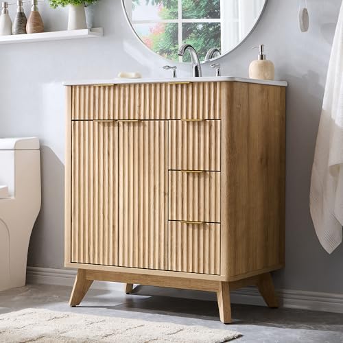 T4TREAM 30' Fluted Bathroom Vanity with Ceramic Sink Combo，Freestanding Modern Bathroom Storage Vanity Cabinet with 2 Soft Closing Doors & 3 Drawers，Wood Grain Texture，Metal Handle，Natural Oak