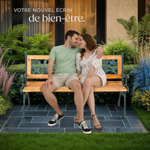 tectake® Banc de Jardin Solide en Bois Naturel laqué et Fer Forgé, Banquette de Jardin Résistant aux intempéries, Mobilier pour Amenagement Balcon Terrasse Veranda Pergola – vue 9