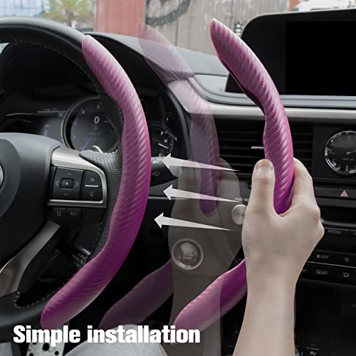 Image of Amiss 2pcs Carbon Fiber Anti-Skid Steering Wheel Cover, Waterproof & Segmented Butterfly Design, Universal 99% Vehicle Wheel Cover Protector, Car Interior Accessories (Pink-2pcs)