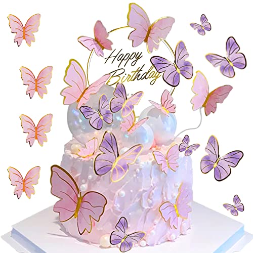 Papillon Décoration Gâteau, 21 Pièces Gâteau Topper de Papillon, 3D Papillon Cupcake Décorations, Deco Gateau Anniversaire Fille, Happy Birthday, pour...