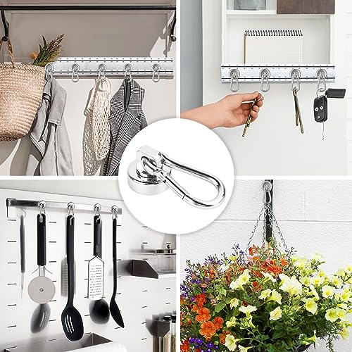 RUNEAY Magnet Haken,6 Stück Magnethaken Extra Stark Neodym Magnet mit Karabiner Drehbar Magnetischer Haken für Küche Badezimmer Schließfächer Garage Fabrik,Silber