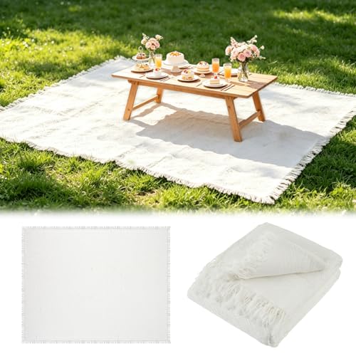 YEXEXINM Extra Large Outdoor Picnic Blanket 91 x 71 Oversize Woven Cotton Yarn Beach Blanket with Fringe Machine Washable Portable Blanket for Camping Beach Park Fits 4 to 8 Adults (White)