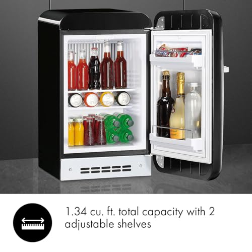 Image of Smeg FAB5 16 inch 50's Retro Style Series Compact Cooler with 1.5 cu. ft. Capacity Automatic Defrost LED Interior Lighting and Adjustable Shelves Right Hand Hinge Made in Italy (Black)