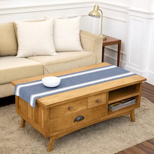 Solino Home 100% Pure Linen Table Runner Blue, Country Stripe 14 x 48 in