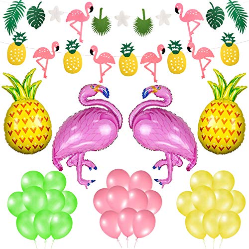 Phogary Hawaiian Flamingo Party Decorations, Summer Aloha Tropical Party Flamingo Pineapple Palm Leaves Garland Banners And Balloons, Luau Beach Supplies Kit #TOP18