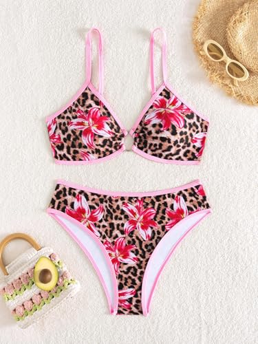 Image of Fanuerg Women's Triangle Bikini Sets O Ring Linked Two Piece Swimsuits Floral Printed Cheeky Bathing Suit