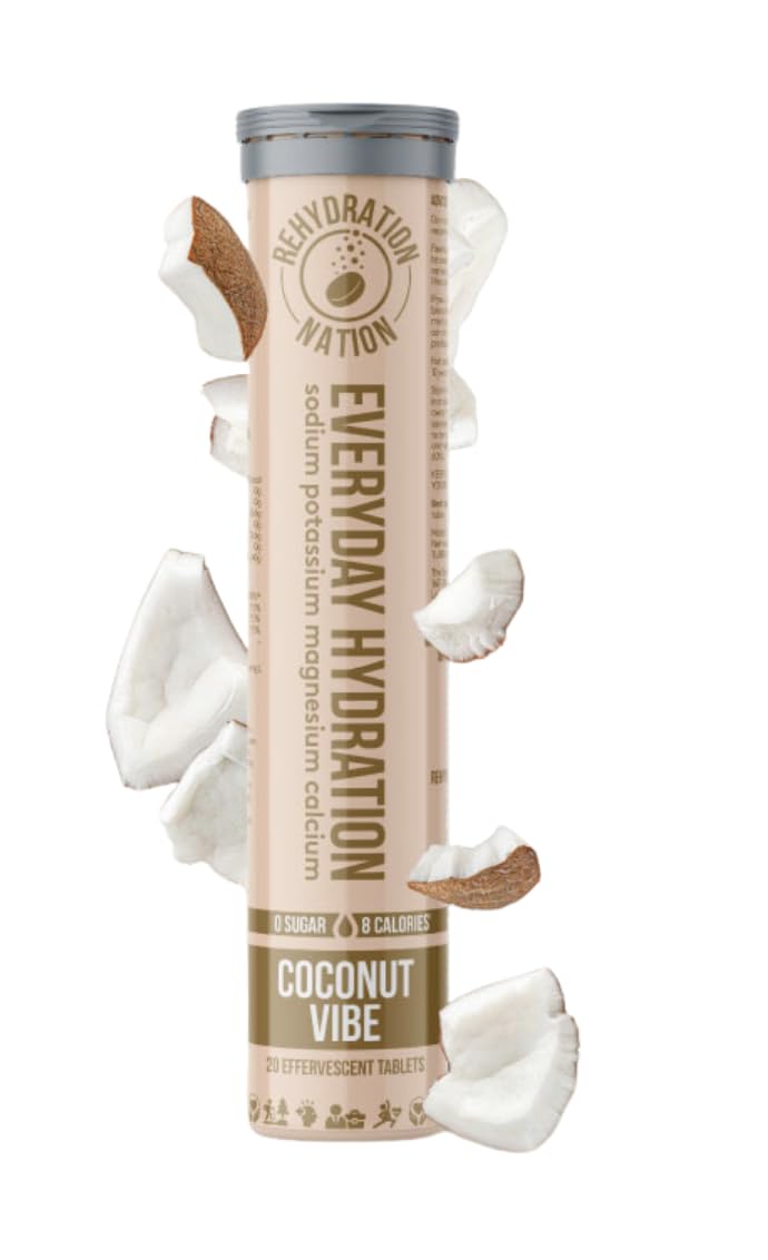 REHYDRATION NATION Coconut Vibe Hydration Tablets – Sugar-Free Electrolytes for Everyday Hydration – Potassium, Calcium & Magnesium – No Added Vitamins – Fast-Dissolving Vegan, 20 Tablets