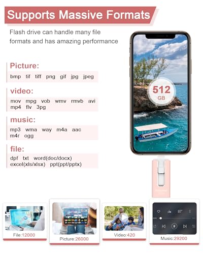 Image of USB Flash Drive 512GB, Photo Stick Memory External Data Storage Thumb Drive Compatible for Phone, Pad, Android, PC and More Devices (Pink)