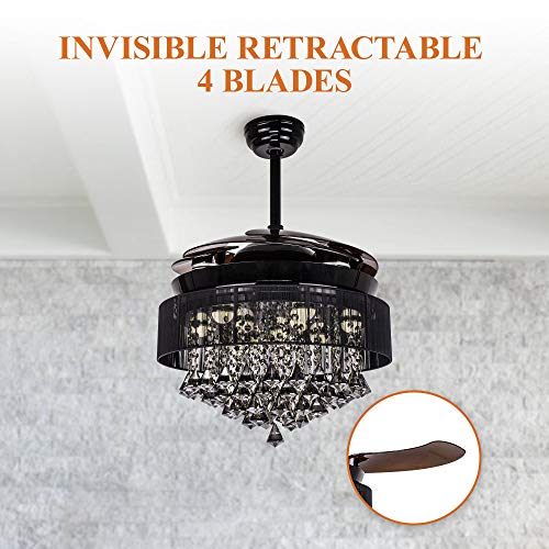 Ceiling Fans with LED Lights 46 Inch Ceiling Fan with Remote Crystal Chandelier Fans with Retractable Blades, Replaceable 4000K Cool White Lights, Not Dimmable, Black