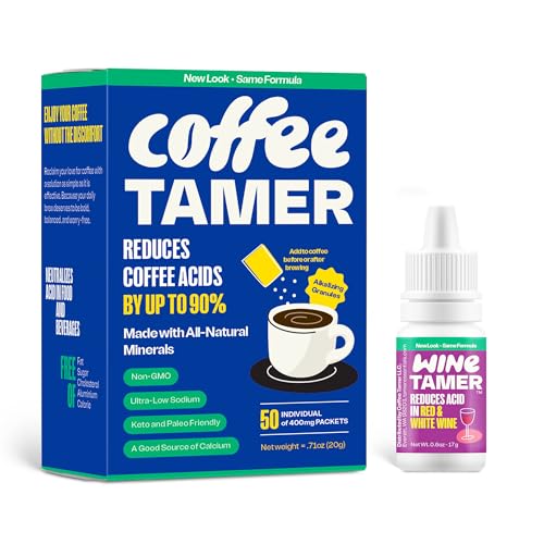 Coffee Tamer Coffee Acid Reducing Granules 50 Pack Box and Wine Tamer Liquid Drops 6oz Dropper Bottle image 2