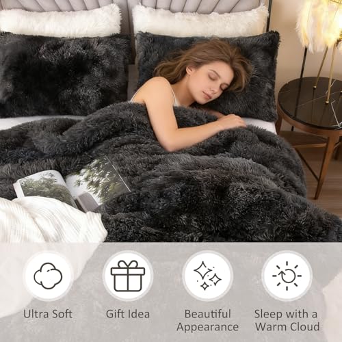 Image of EMME Luxury Fuzzy Duvet Cover Set Queen Size Fluffy Comforter Cover Set for Queen Bed 2 Pieces Shaggy and Plush Soft Bedding Duvet Covers (Tie Dye Black, Queen)