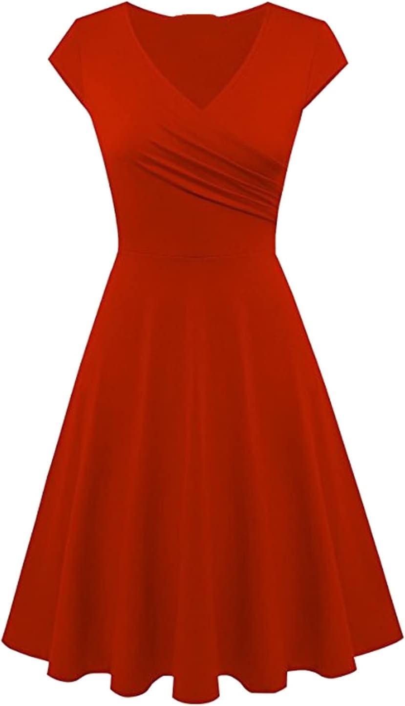 Skang Womens Dresses Casual Elegant Knee-Long Dress Tunic Dress Short Sleeve Crew Neck Dresses with Pocket Sun Dress for Ladies Solid Color Dresses Soft Loose Vacation Party Daily Evening Dresses