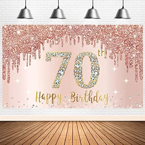 Happy 70th Birthday Banner Backdrop Decorations for Women, Rose G...