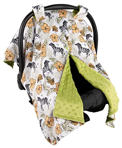 Image of Top Tots Deluxe Minky Baby Car Seat Cover - Tropical Zebra, 40 x 29 Inch Yellow Green