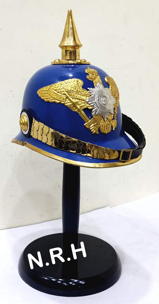 German Pickelhaube Helmet | Leather Pickelhaube Imperial Prussian Halloween Helmet | Brass Military Officer Blue Helmet W/Stand