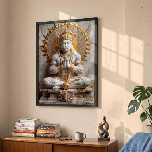 Image of CRAFTLYN Hindu God Wall Art WALL ART Prints Framed Spiritual Religious Paintings for Living Room, Pooja Room, Bedroom, Office, Meditation Room, Home Decor (Hanuman ji, 13X19, Black)