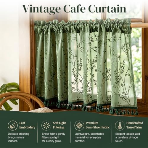 Image of HASTHIP Boho Tassels Window Valance Floral Farmhouse Kitchen Curtain
