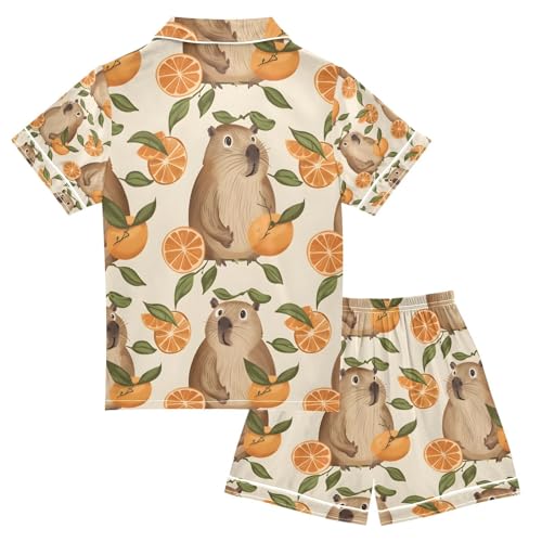 senya Cute Capybaras with Oranges Satin Summer Pajama Sets Silk Short Sleeve Button Down Sleepwear2