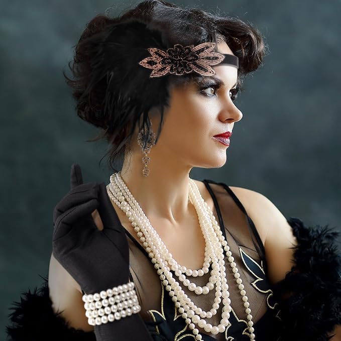 DRESHOW 1920s Great Gatsby Accessories Set for Women Flapper Costume Accessories Feather Headband Roaring 20s Accessories Set - Image 2