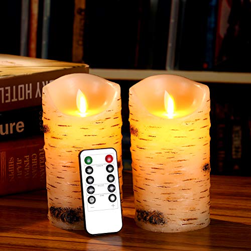 Flameless Candles Led Candles Birch Bark Effect Set Of 2 (D:3.25" X H:6") Ivory Real Wax Pillar Battery Operated Candles With Dancing Led Flame 10-Key Remote Control And Cycling 24 Hours Timer #TOP1