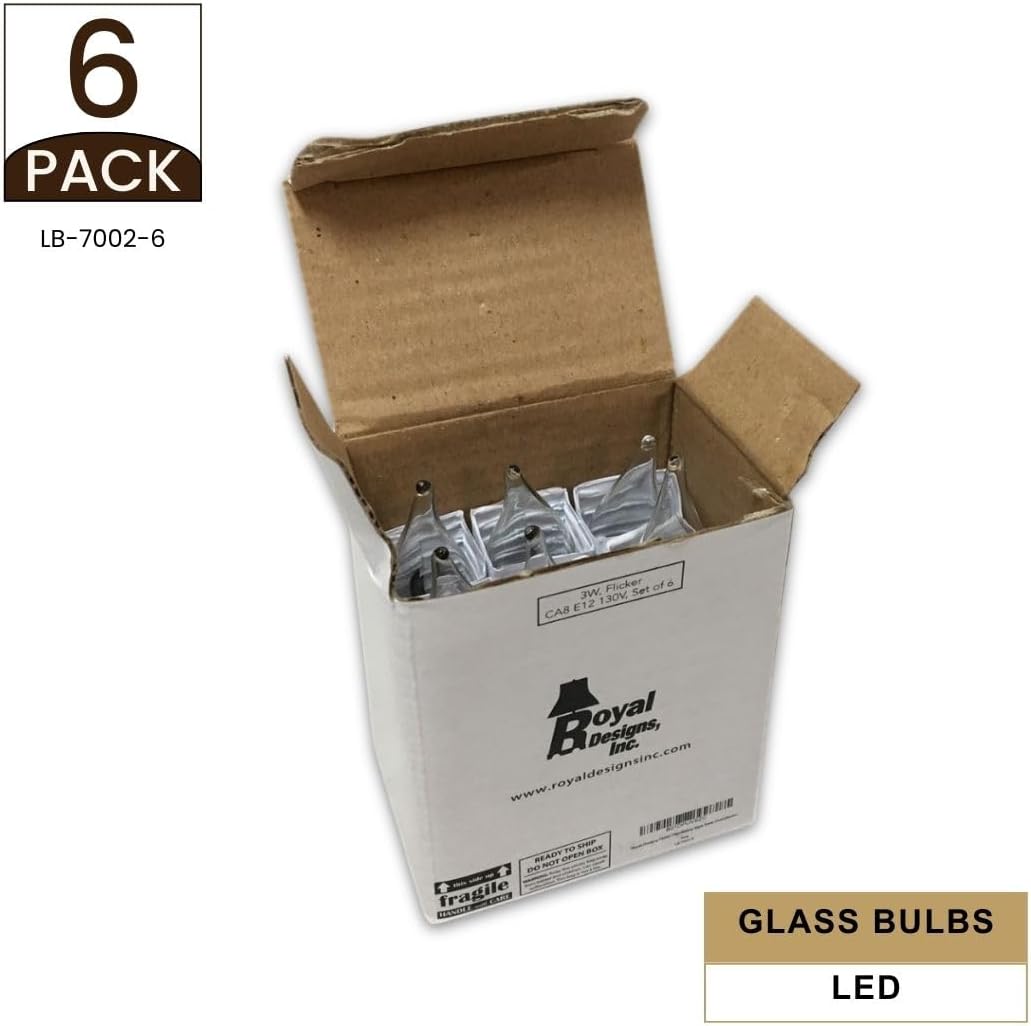 Royal Designs, Inc. Flicker Candelabra Style 3 Watt LED Light Bulbs 25 Watt Equivalent, E12 Candelabra Base, 6-Pack