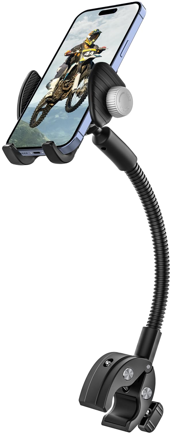 Gooseneck Phone Holder for Wheelchair, Stroller, Golf Cart, Boat, Mic Stand, Indoor Cycling Bike, Gym Bicycle Handlebar Clamp for iPhone Air 17 Pro