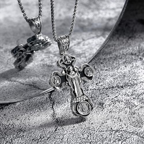 Orthodox Cross Necklace, 925 Sterling Silver Crucifix Cross for Men Women Black Onyx Jesus & Virgin Mary Cross Pendant Necklaces Christian Religious Jewelry Gift3