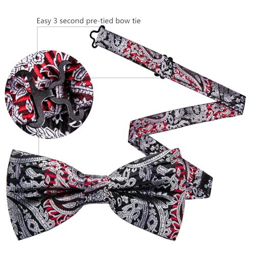 Image of Barry.Wang Paisley Striped Bow Tie for Men Silk Pre-Tied Bowtie Pocket Square Cufflinks Set Formal Wedding Party Prom