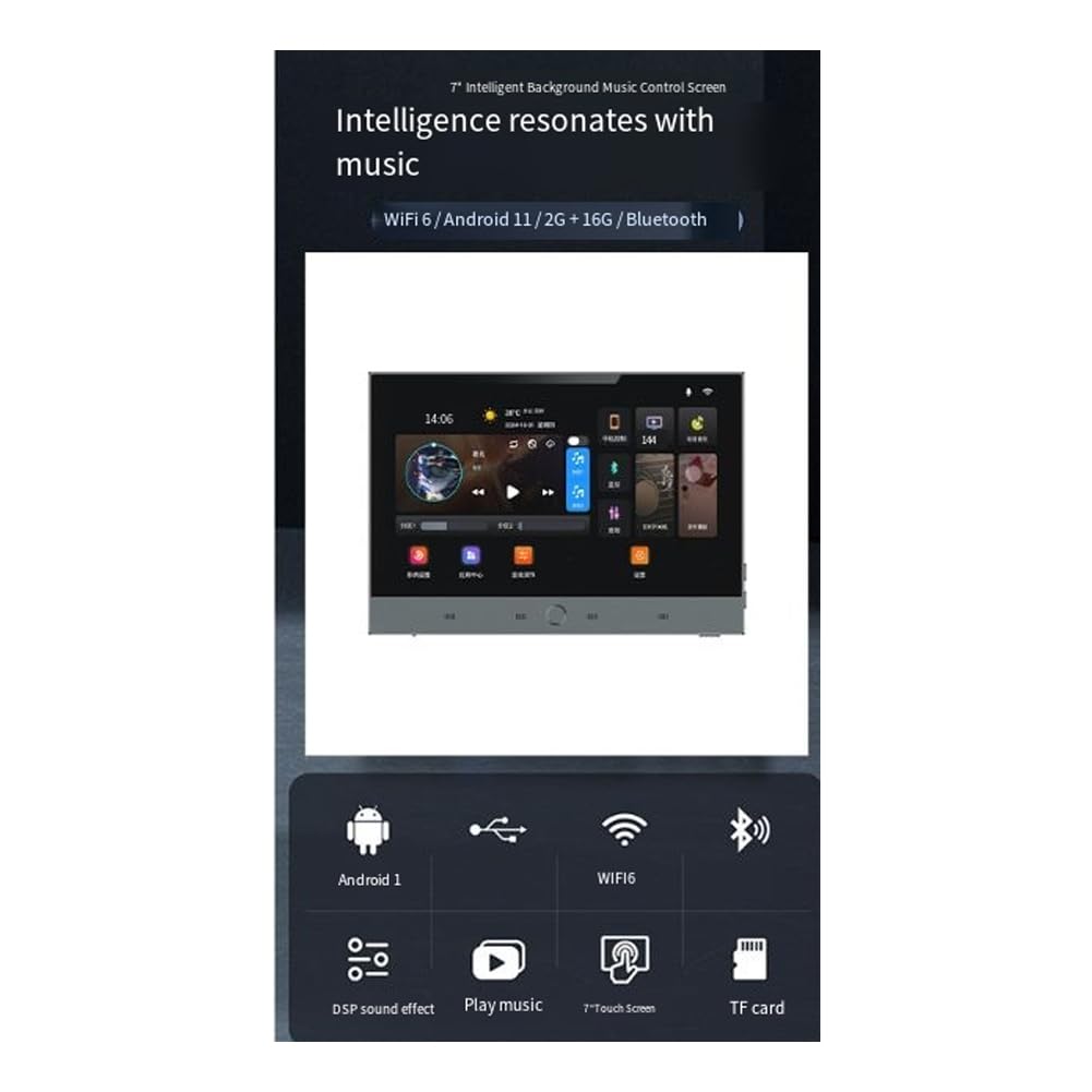 de Música Inteligente Tuya de 7 Pulgadas con Panel de Control Android 11 y Amplificador de Pared para Cine en Casa. Mini de Audio.