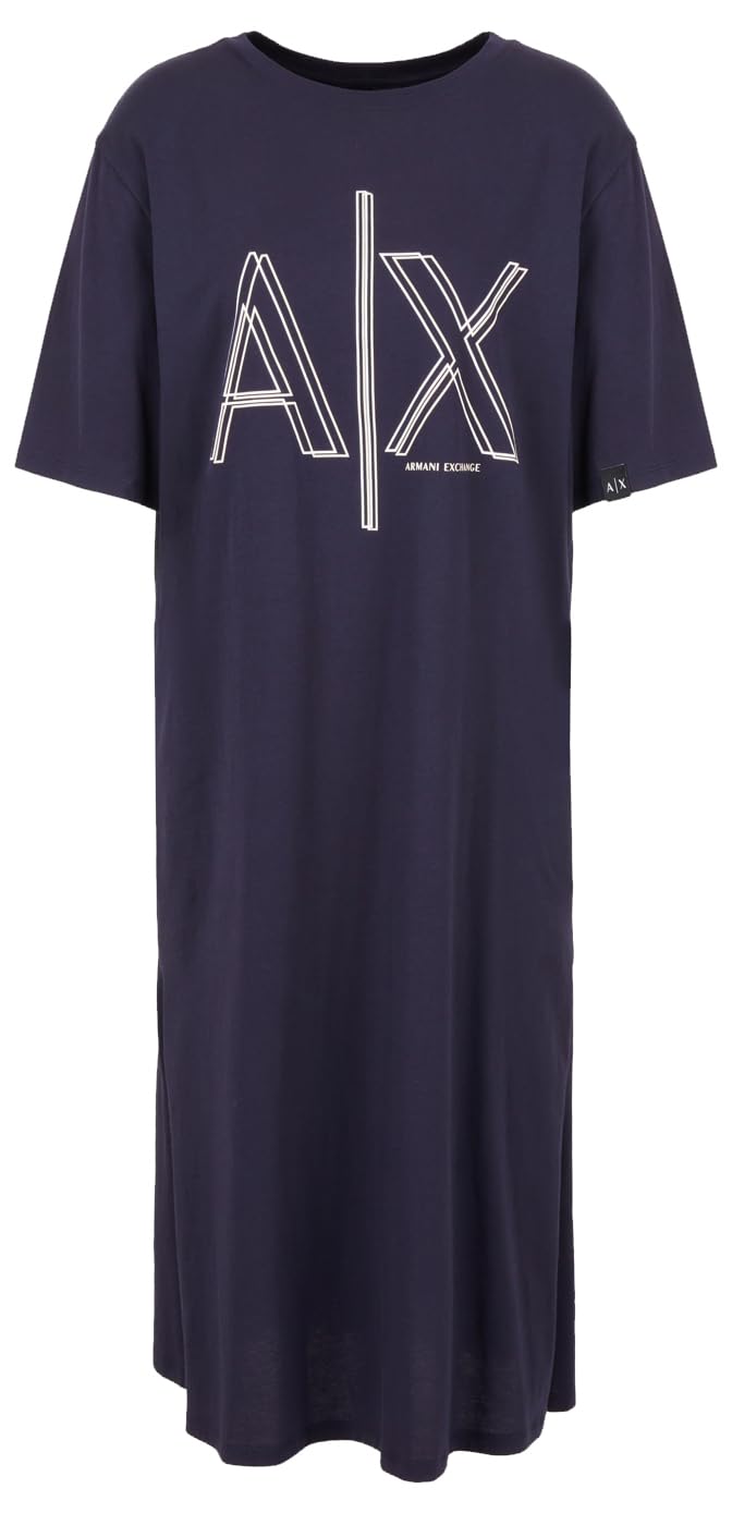 Armani Exchange Women's Sustainable, Big Logo Print, Round Neck Casual Dress, Blue, XL, Blueberry, XL