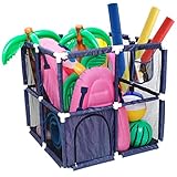 Upgraded Pool Toy Storage Bin - 33'L x 33'W x 32'H Pool Storage Organizer Bin with Side Zippered Opening & Mesh Pocket, Pool Nylon Mesh Basket Organizer for Beach Balls Towels Noodles Pool Accessories