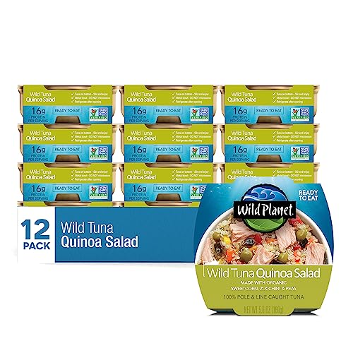 Image of Wild Planet Ready-To-Eat Wild Tuna Quinoa Salad, 5.6 Ounce Can, Pack of 12 | Tuna Pasta with Organic Red Peppers, Tomatoes & Green Olives. Non-GMO, Gluten Free, Kosher, Dairy Free