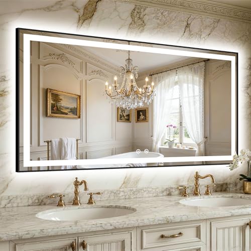 Espejo de baño LED con luces, espejo de tocador iluminado con marco negro, luz frontal y retroiluminada, 55 x 30 pulgadas, antivaho, temperatura de color regulable, memoria de vidrio templado