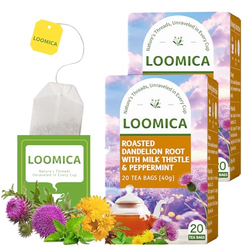 Image of LOOMICA Roasted Dandelion Root with Milk Thistle & Peppermint, Caffeine Free, with Toasted Nutty Flavor, Wellness Support Herbal Blend, Coffee Alternative, Bold & Smooth, 20 Counts (Pack of 2)